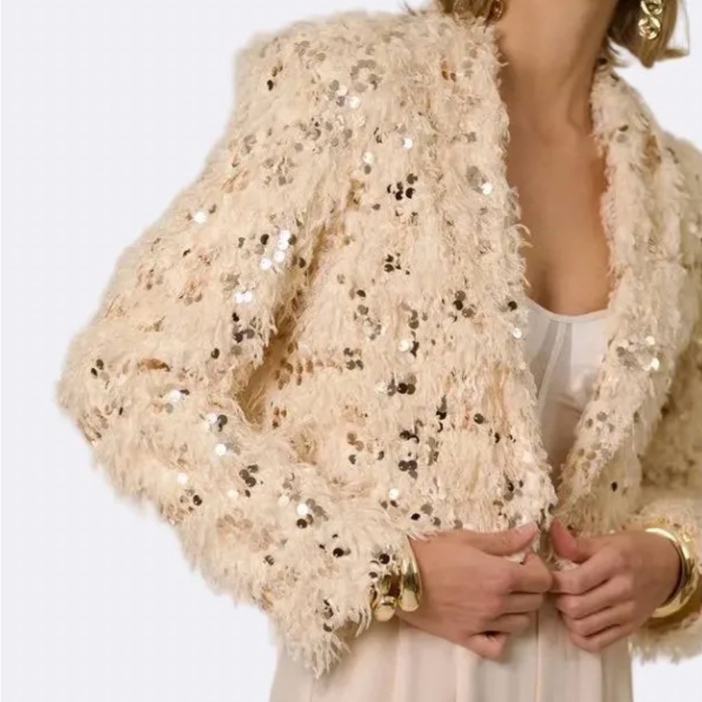 NONchalant Cream Sequin Fringe Cropped Jacket
